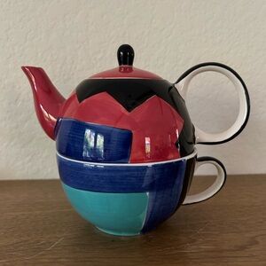 Herman Dodge & Sons tea pot with cup. Abstract patched pattern